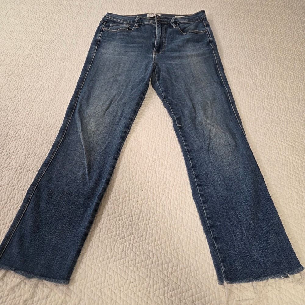 Frame Le Sylvie Slender Straight Jeans Journey Blue Raw Hem Size 30 LSYBS793